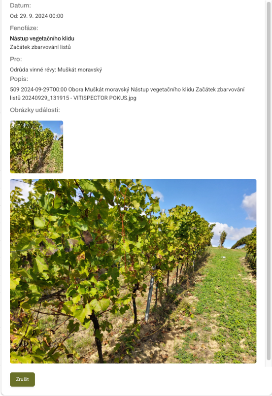 Detail konkrétní vinice s lokálními daty a předpovědí počasí
